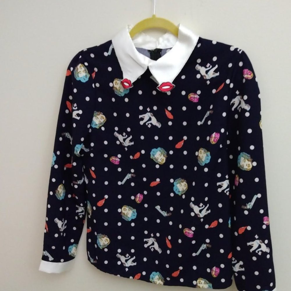 Funky Retro Marilyn Monroe Print Blouse w/ Lips on Collar! Super Cute